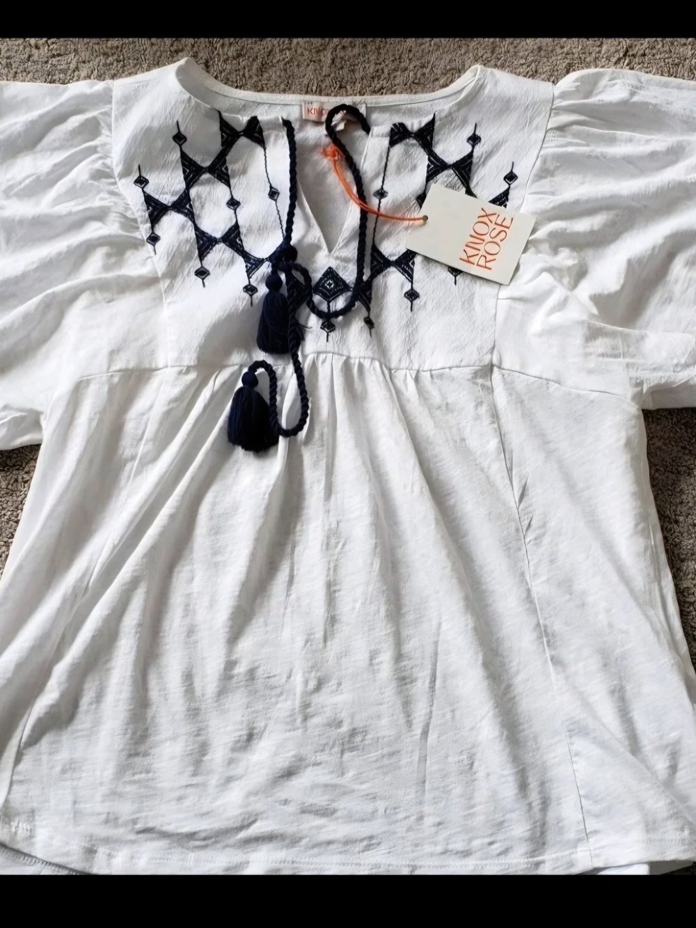 New Knox Rose White Peasant Top with Navy Embroidery XS